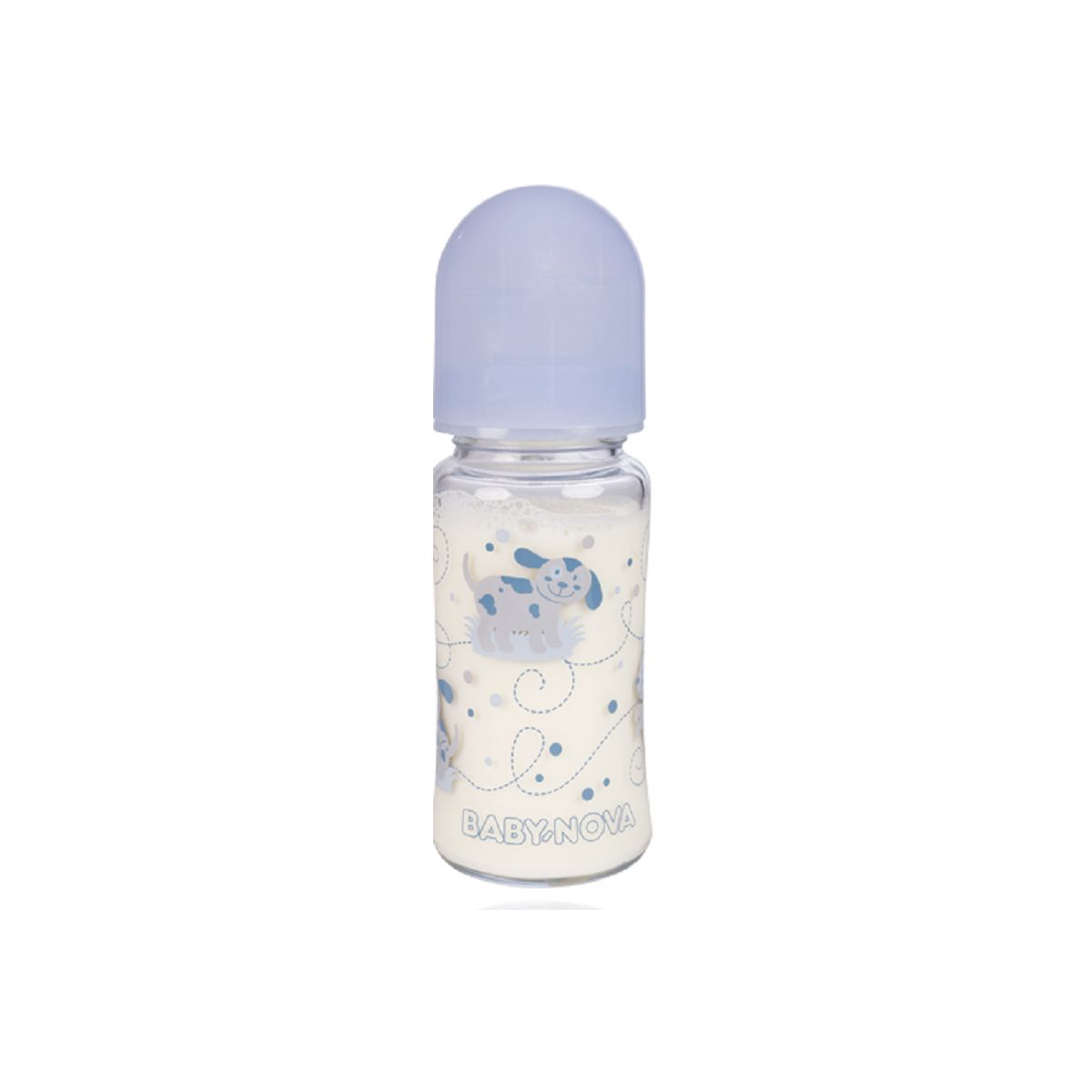 BABY-NOVA Steklenička steklena, široki vrat, 240 ml, modra, kužki