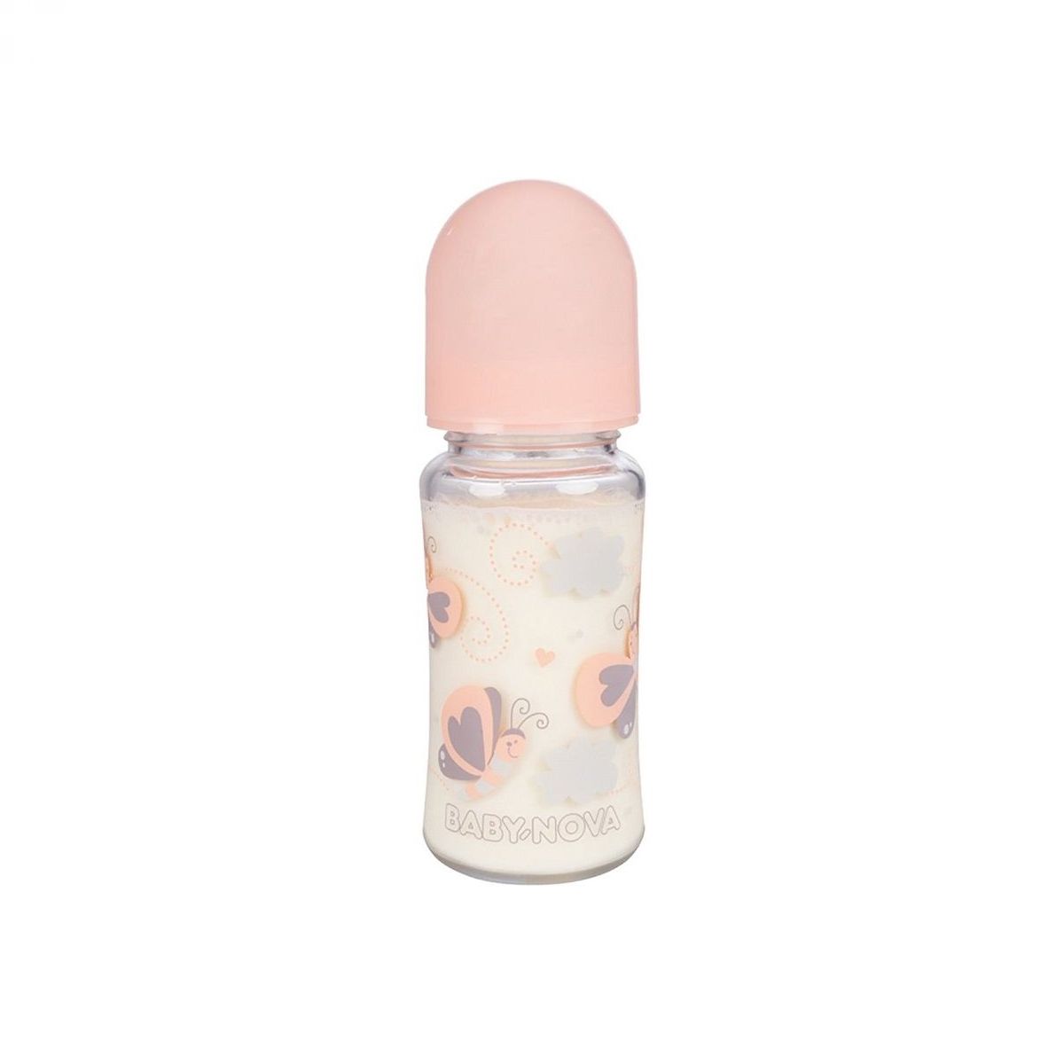 BABY-NOVA Steklenička steklena, široki vrat, 230 ml, roza, metulji