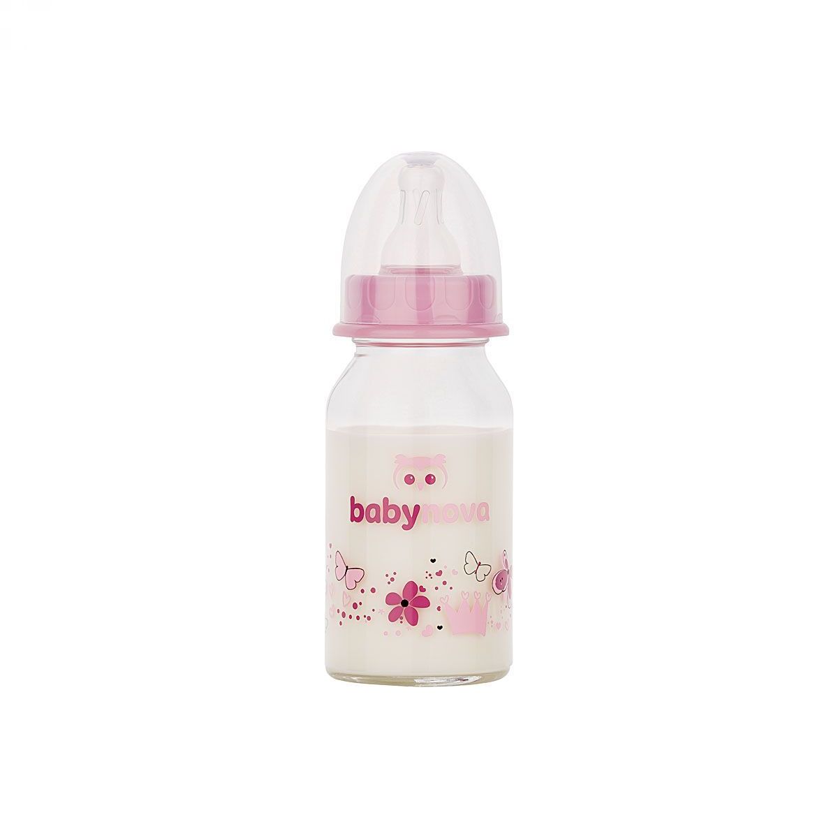BABY-NOVA Steklena steklenička 120 ml  - roza srčki/rožice