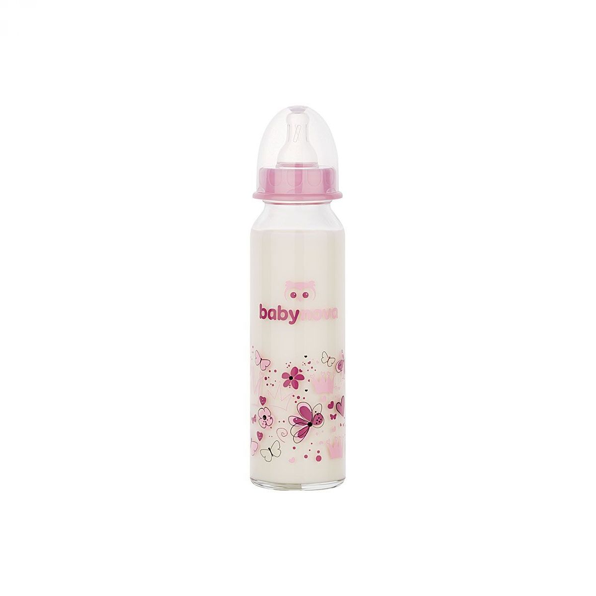 BABY-NOVA Steklena steklenička 240 ml, roza, motiv srcki/rožice