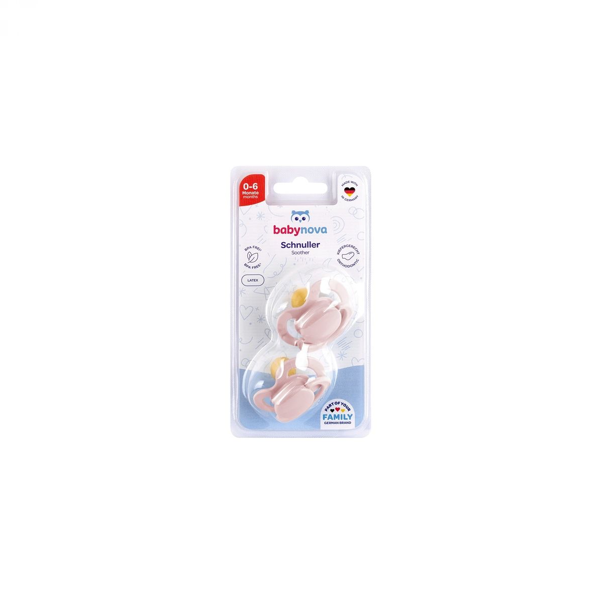 BABY-NOVA ortodontska  lateks duda z obročkom, 2 kosa, 0-6 m