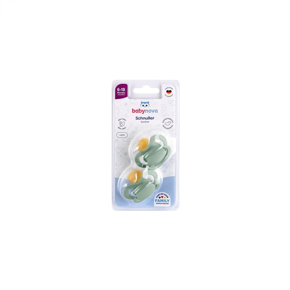 BABY-NOVA ortodontska  lateks duda z obročkom, velikost  6-18 m, 2 kosa zelena