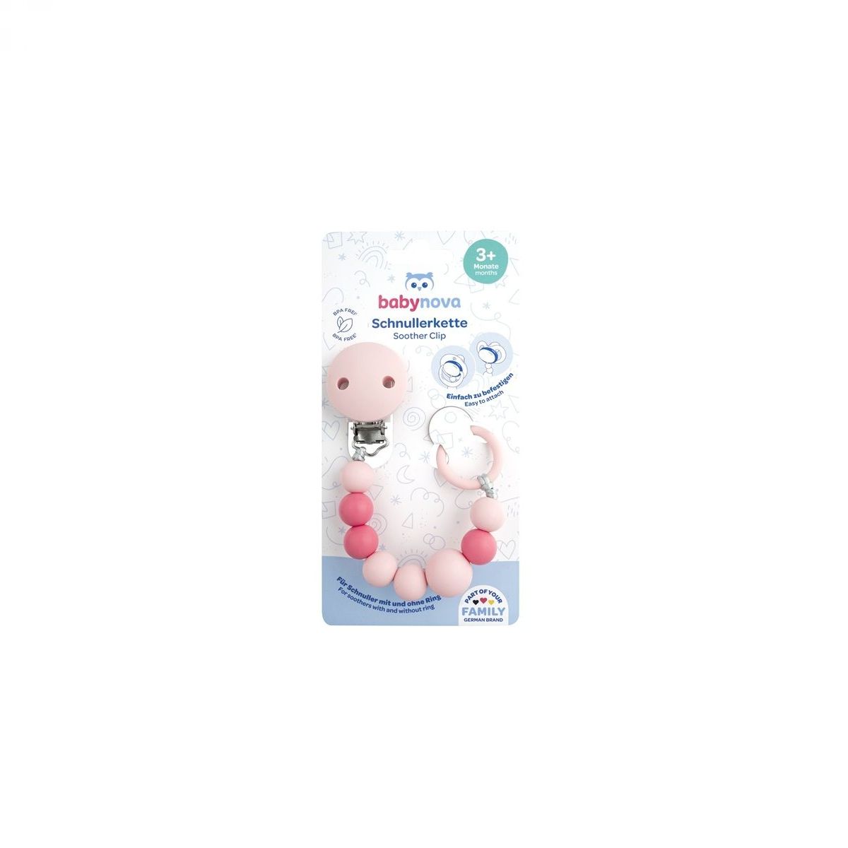 EBABY-NOVA, držalo za dude, 3-m - silikonska verižica s sponko pak