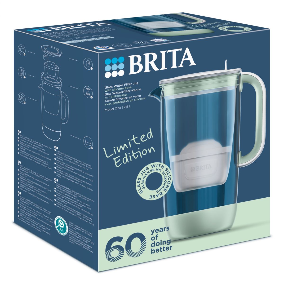 BRITA Glass 60th Anniversary Edition jubilejni stekleni vrč za filtriranje vode, 2,5 L, svetlo zelen