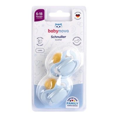 BABY-NOVA ortodontska  lateks duda z obročkom, velikost  6-18 m, 2 kosa modra