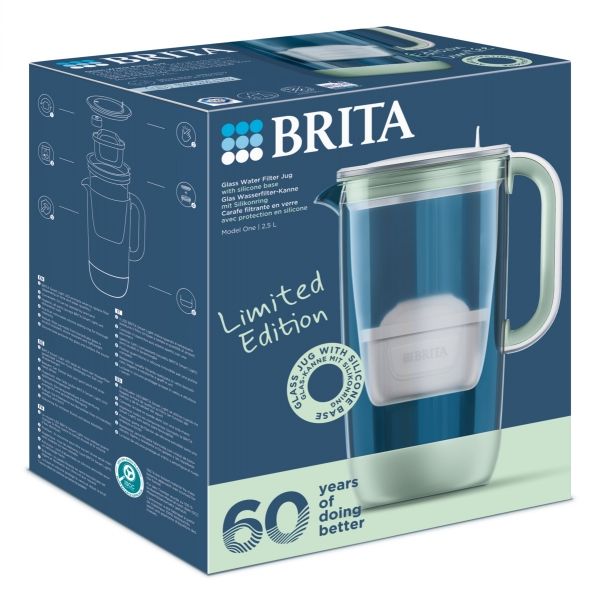 BRITA Glass 60th Anniversary Edition jubilejni stekleni vrč za filtriranje vode, 2,5 L, svetlo zelen