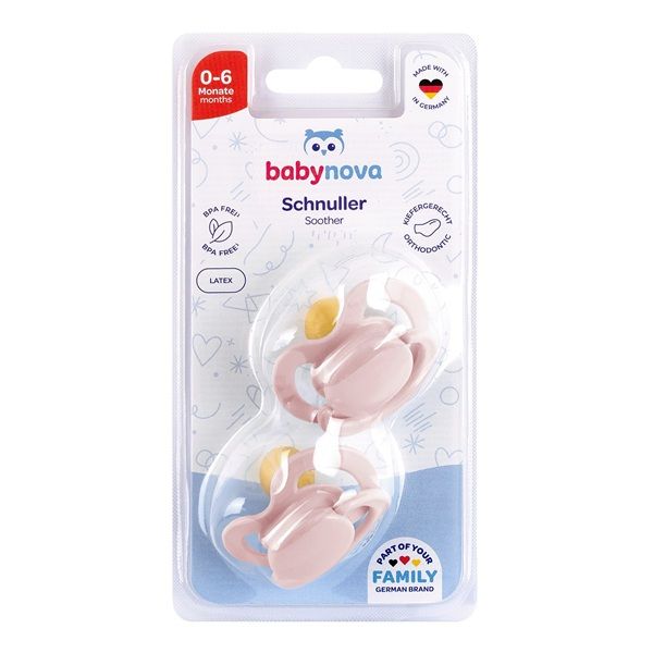 BABY-NOVA ortodontska  lateks duda z obročkom, 2 kosa, 0-6 m